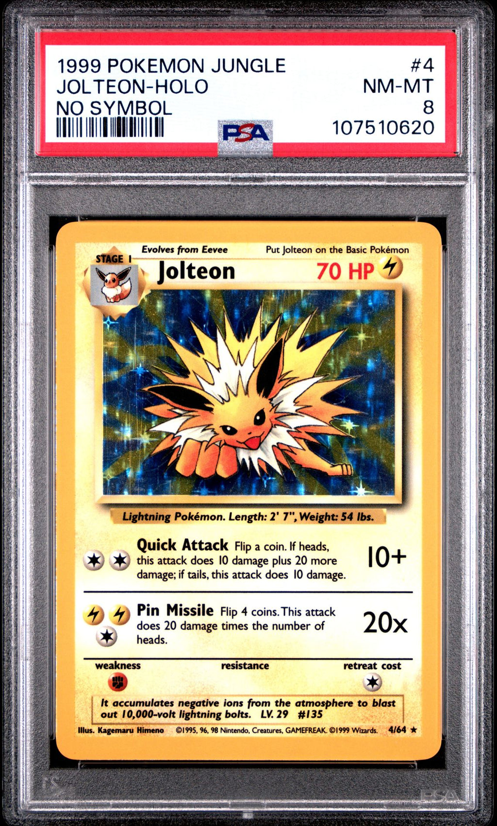 POKÉMON TCG - Jolteon Holo Rare - 4/64 - No Symbol Error - PSA Graded 8