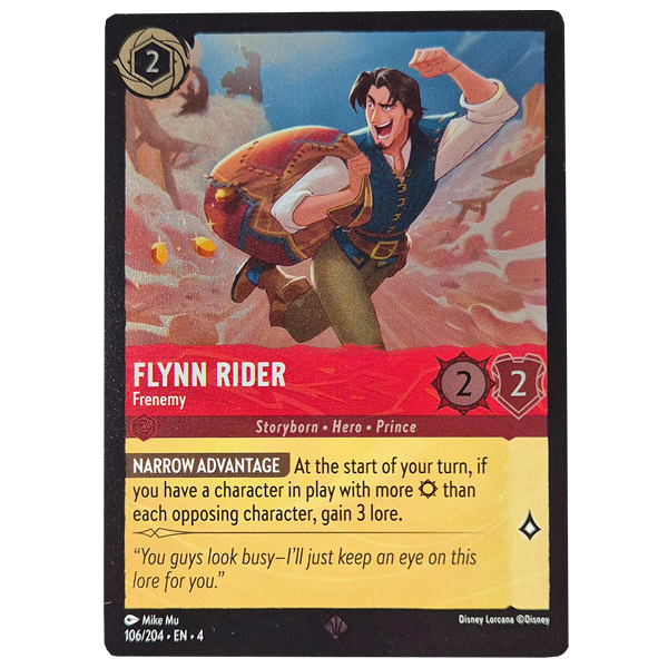 Disney Lorcana TCG - Flynn Rider Frenemy - 106/204 - Cold Foil Hero Stash Disney Lorcana TCG - Flynn Rider Frenemy - 106/204 - Cold Foil Hero Stash