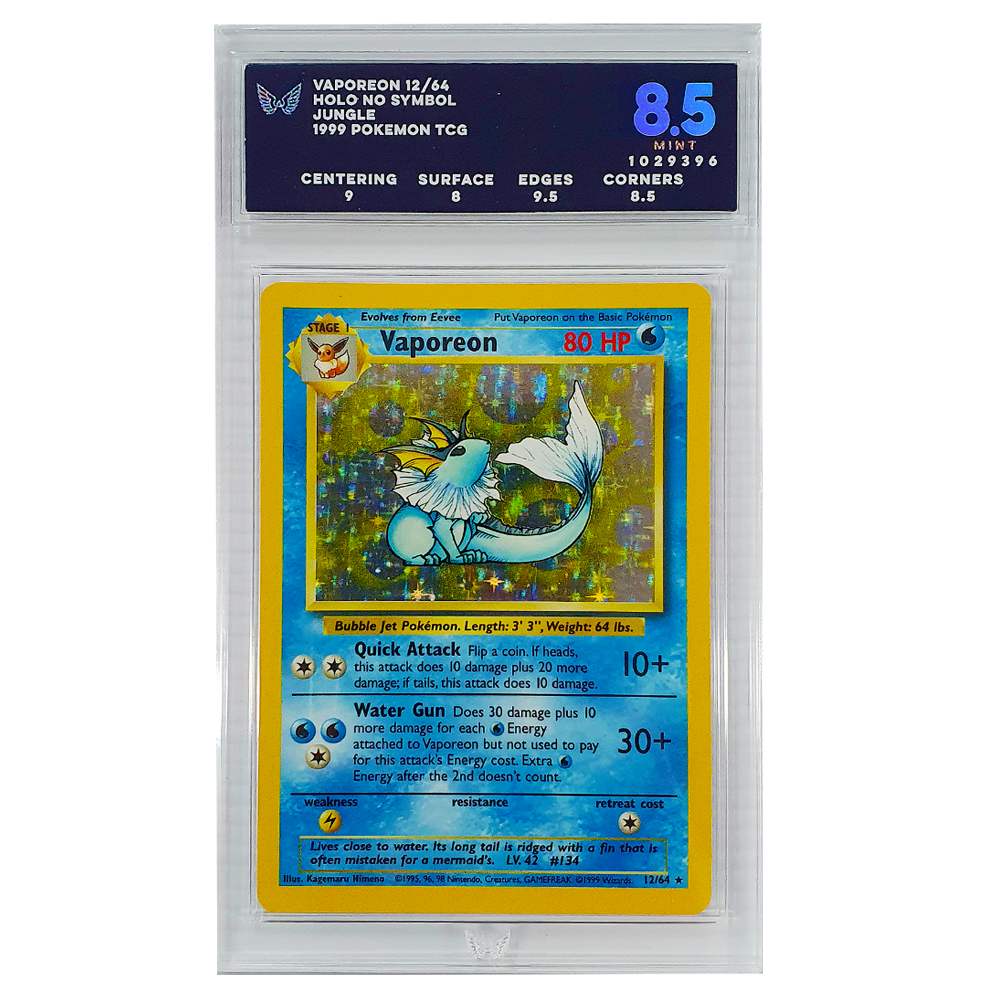 POKÉMON TCG - Vaporeon Holo Rare No Symbol Error - 12/64 - Ark Graded 8.5
