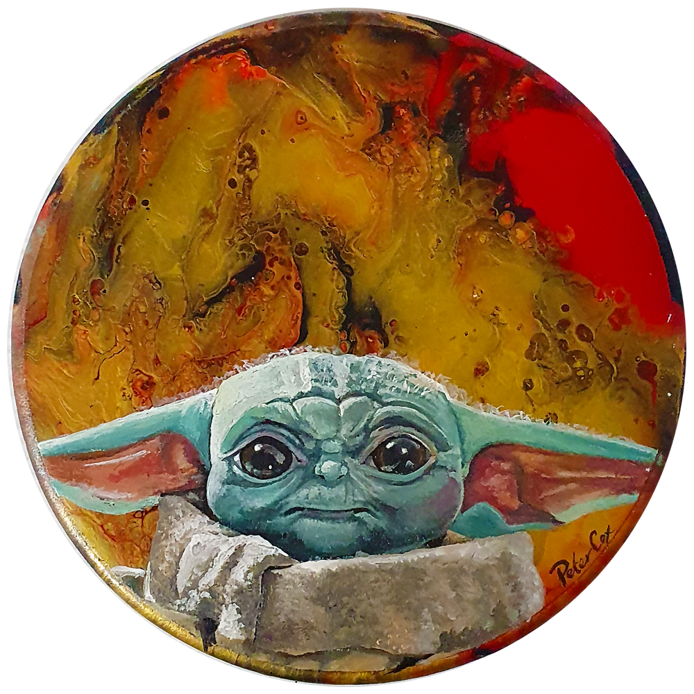 Artwork - Acyrlic Painting Liquid Pour 7.5" Diameter - 'Baby Yoda'